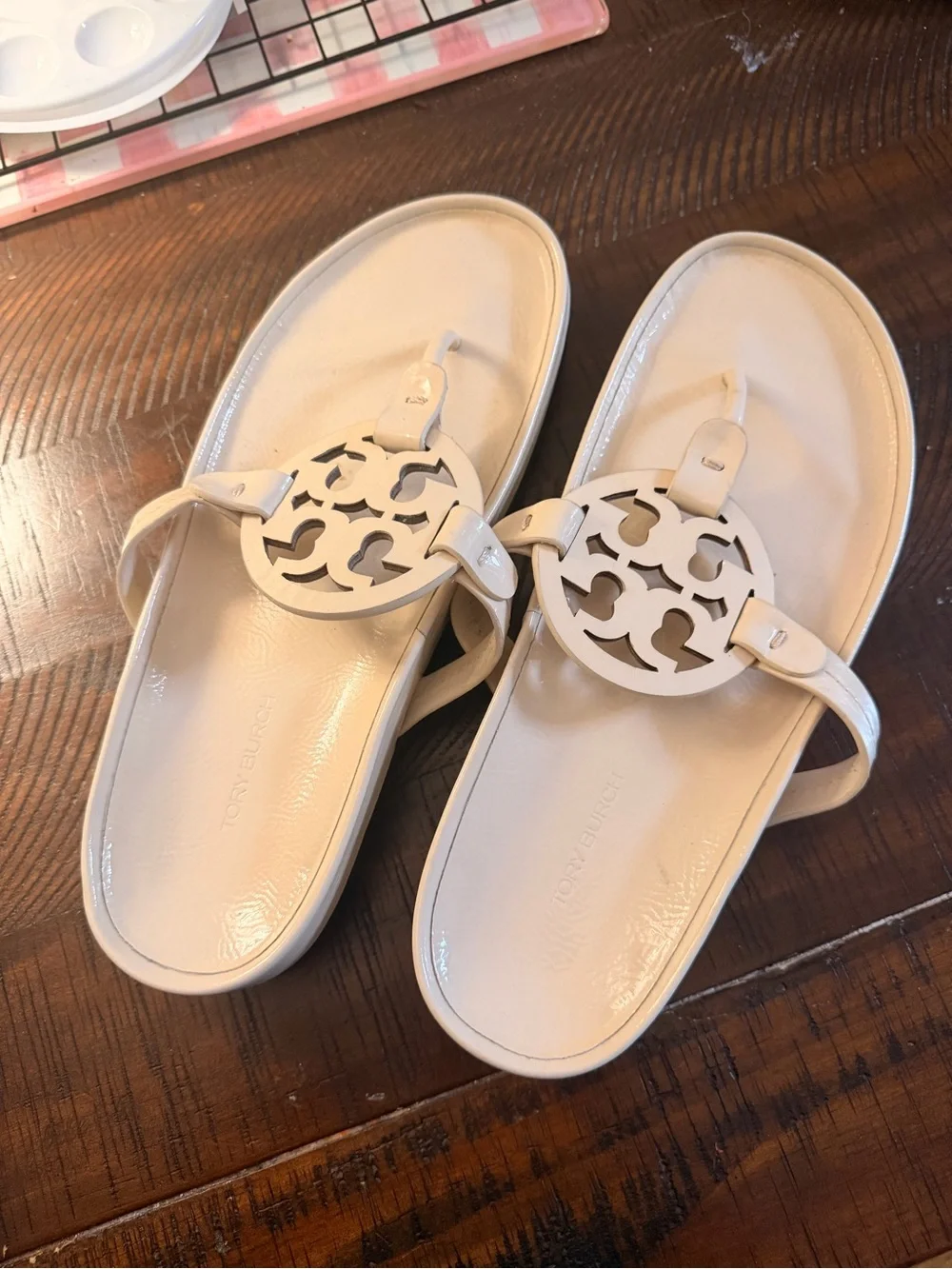 Tory Burch Cream Patent Leather Logo Thong Sandals